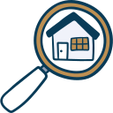 Cartoon graphic of a magnifying glass looking at a house