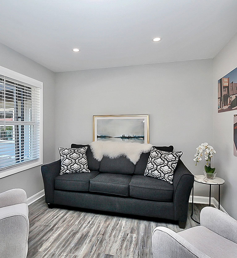 A dark couch in a light living room