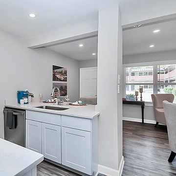 A kitchen and living room